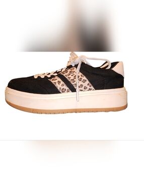 Platform Lace-Up Sneakers with Leopard Accent - Black